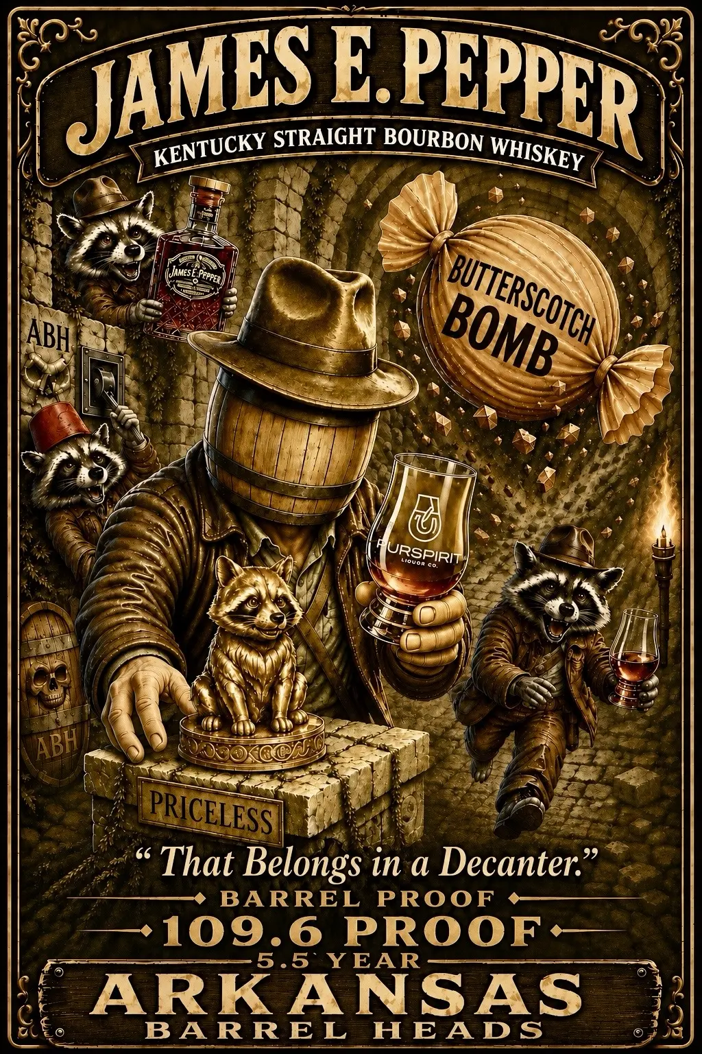 Arkansas Barrel Heads James E. Pepper Butterscotch Bomb private-pick artwork inspired by Indiana Jones and Raiders of the Lost Ark