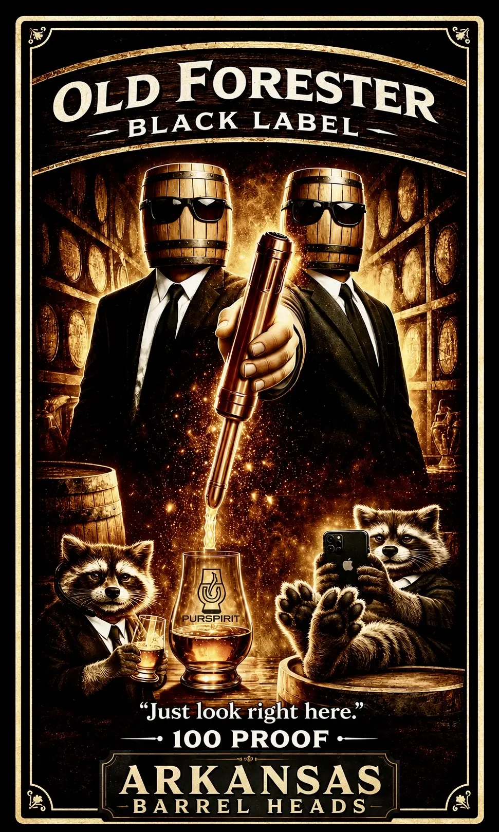 Arkansas Barrel Heads Old Forester Single Barrel 100 Proof Black Label private-pick artwork inspired by Men in Black
