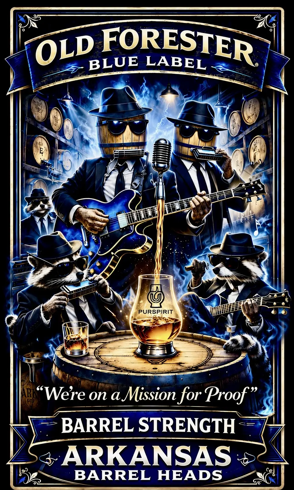Arkansas Barrel Heads Old Forester Single Barrel Barrel Strength Blue Label private-pick artwork inspired by The Blues Brothers